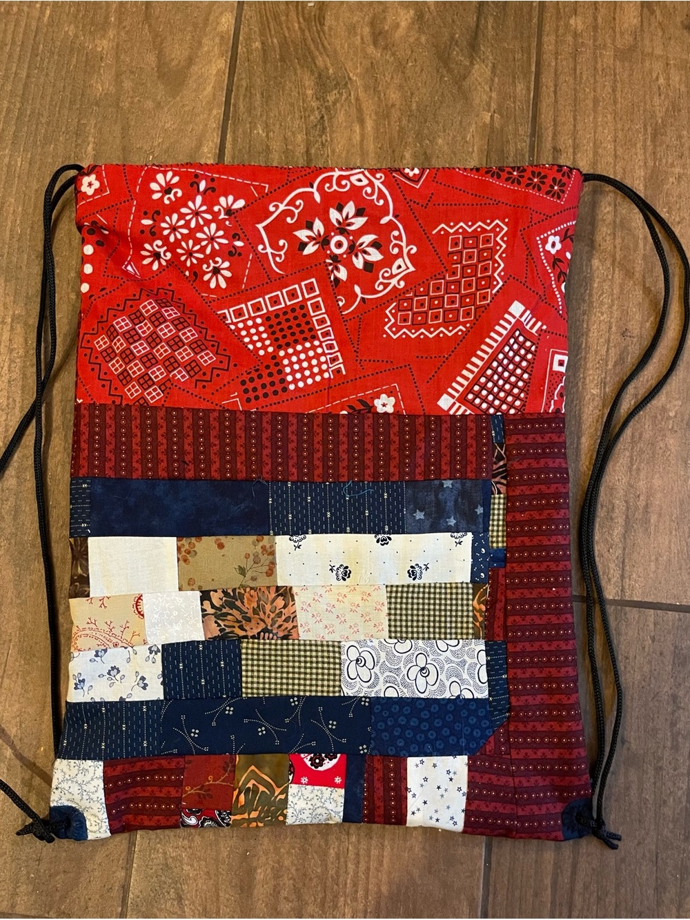 Handmade Patchwork Drawstring Backpack in Multicolor - Picture 4 of 5